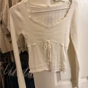 Cream Ribbed Knit Long-Sleeve Top with Tie Waist